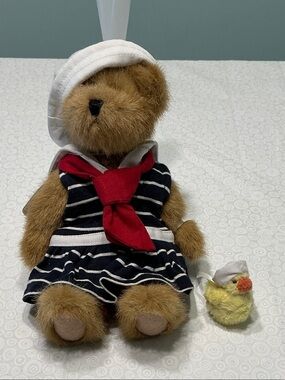 Tan Plush Bear in Sailor Dress and Hat with duck